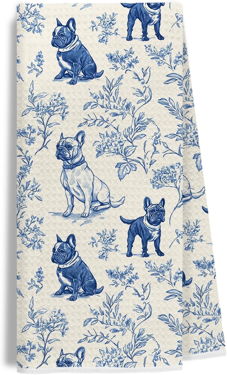 EKGJW French Bulldog Kitchen Towel, Chinoiserie Dog Hand & Dish Towel for Dog Lovers,Frenchie Gifts for Women, Farmhouse Blue Floral Tea Towels for Moms, 16x24 Inch - Image 1